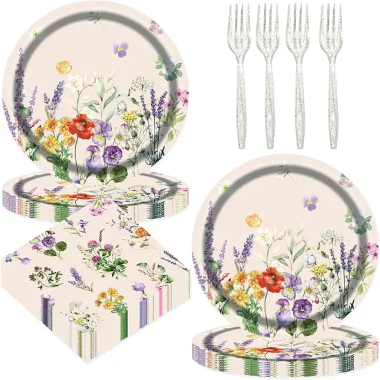 75pcs Floral Disposable Tableware Set, Spring Floral Paper Party Supplies Plates Napkins Wildflower Dinnerware Favors for Baby Shower Girls Women Birthday Tea Picnic Serve 25 Guests {1}