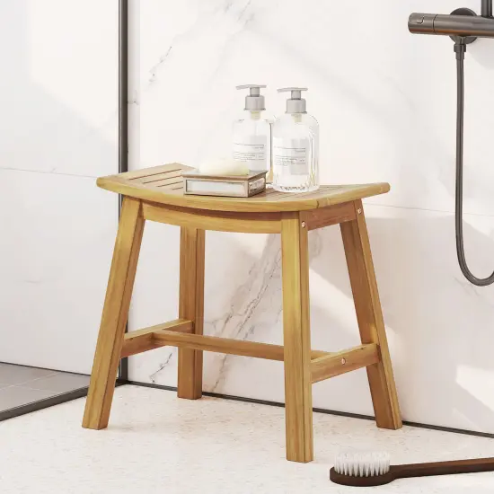 Natural Teak Wood Shower Stool with Curved Seat and H-Shaped Support Bars {3}