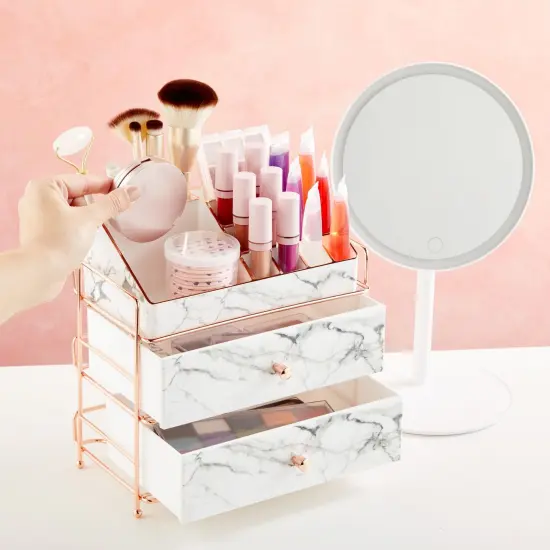 White Marble Makeup Organizer with Rose Gold Trim, Cosmetic Storage Drawers for Vanity (9.5 x 9.5 x 5.5 in) {4}