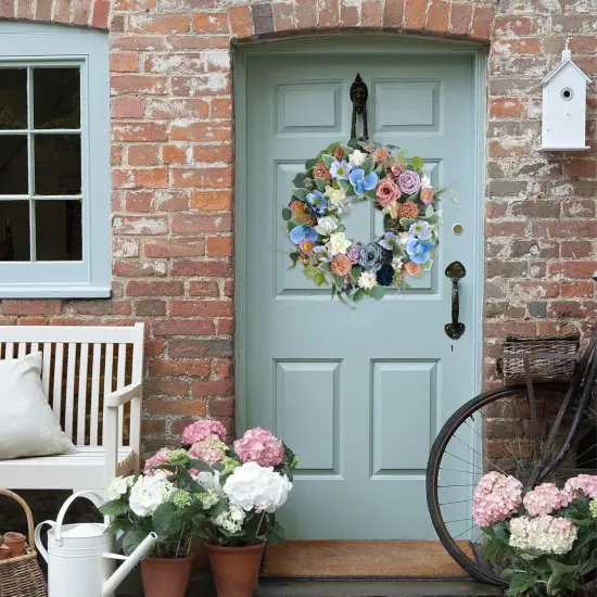 22" Spring & Summer Wreath &ndash; Blue Phalaenopsis, Rose, and Green Leaf Wreath for Front Door, Porch, and Patio Decor {5}