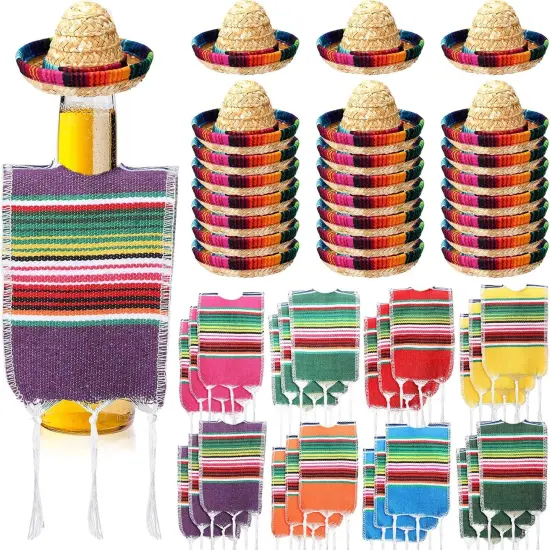 24 Sets Tiny Sombrero Hats Mini Serapes for Bottles Colorful Beer Poncho Cover Cape Sombrero Bottles Topper for Cinco De Mayo Mexican Fiesta Party Table Decorations {1}