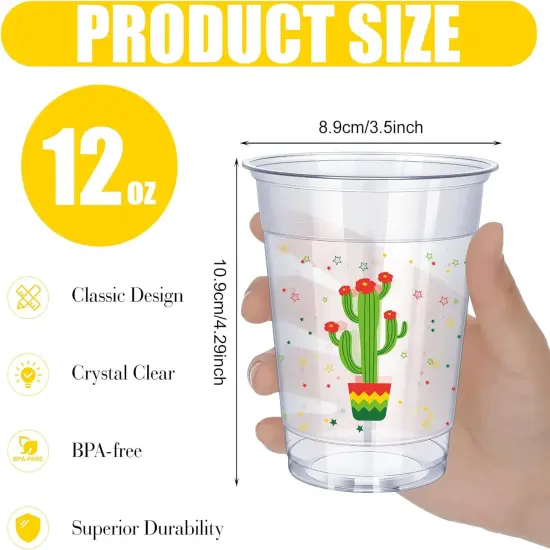 100 Pack 12 oz Fiesta Cups Plastic Mexican Cups Clear Disposable Mug Cinco De Mayo Party Decorations for Fiesta Taco Birthday Party Drinkware Supplies, 4 Styles {2}