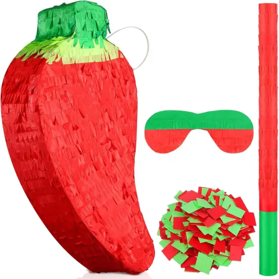 Red Chili Pepper Pi&ntilde;ata with Pi&ntilde;ata Stick and Blindfold, Fiesta Pi&ntilde;ata Funny Pi&ntilde;ata for Hot Pepper Festival Chili Themed Birthday Party Supplies Decoration {1}