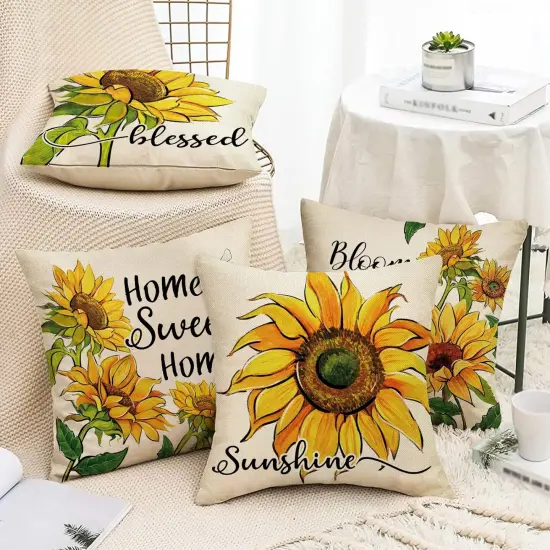 Sunflower Sunshine Decorative Throw Pillow Cover 18 x 18 Set of 4, Spring Summer Home Sweet Home Blessed Porch Patio Outdoor Pillowcase, Fall Autumn Flower Farmhouse Couch Cushion Case Decor {2}