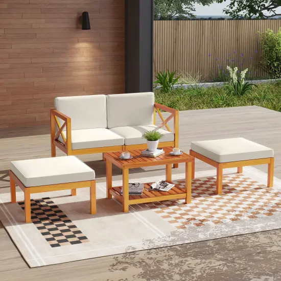 Off-White Cushioned Acacia Wood Patio Set, Modular 5-Piece Sectional {2}