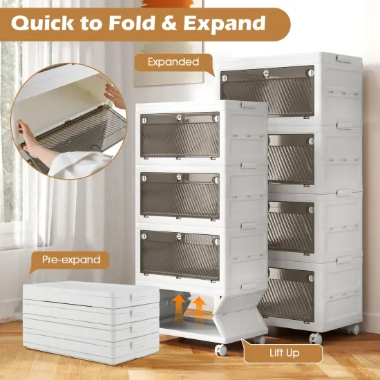 White PP HIPS 4-Tier Stackable Storage Bins and Quick Fold with Rolling Casters {6}