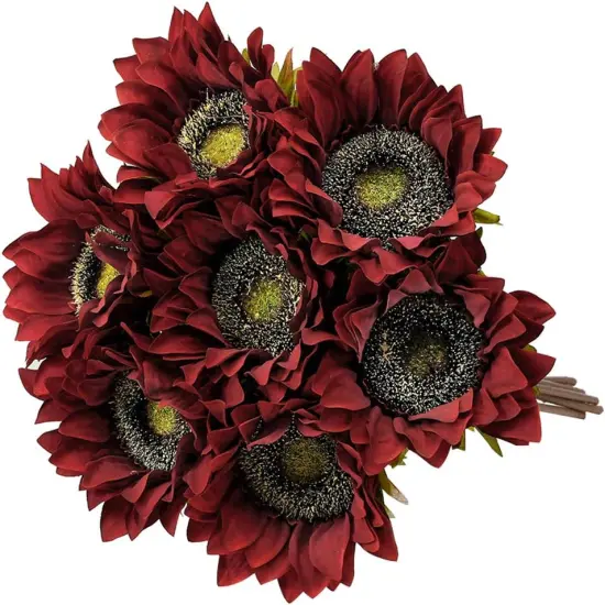 Summer Floral Arrangement - 7PCS Artificial Burgundy Sunflowers with Silk Flowers {1}