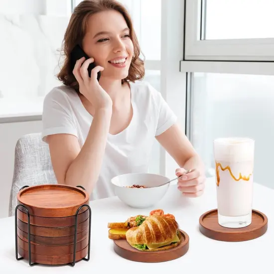 Wooden Coasters Set of 6 with Holder {2}