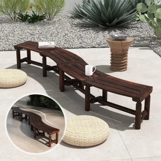 Rustic Brown Outdoor Patio Bench Carbonized Fir & Pine Wood Curved Design {6}