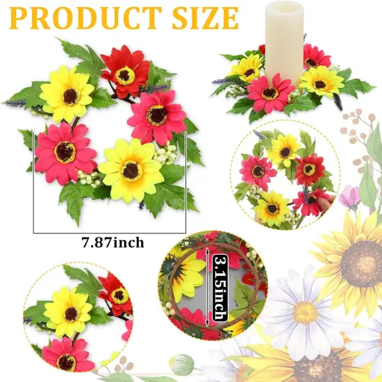 4 Pcs Flower Candle Rings Wreaths, Summer Floral Candle Rings, Small Pillar Candle Wreaths with Artificial Gerbera Daisy, Candle Holder Rings for Home Table Centerpieces {2}
