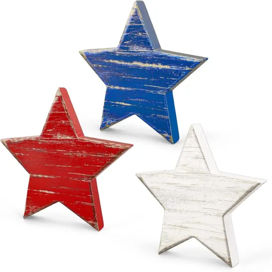 4th of July Wooden Star Signs Patriotic Rustic Star Shape Tiered Tray Decor Red Blue White Wood Star Blocks Retro Freestanding Table Signs for Independence Day Farmhouse Home Decor, 3Pcs {1}