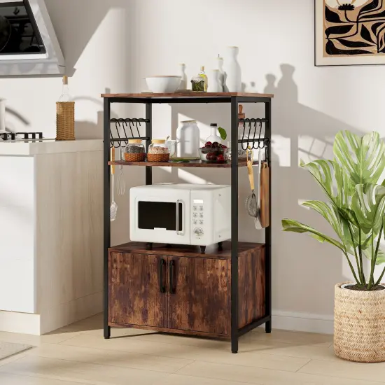 3-Tier Brown Kitchen Bakers Rack with 2 Doors Cabinet and 2 Open Storage Shelves {2}