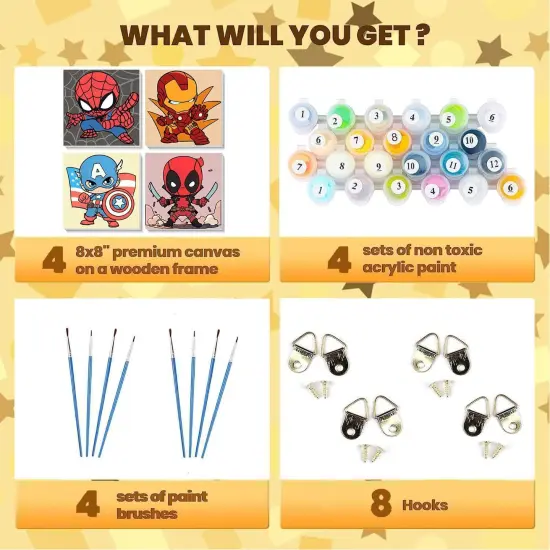 4 Pack Paint by Numbers Kit for Kids with Frame- Cartoon Painting Kits for Kids Ages 4-8, Cartoon Paint by Numbers with Frame 8x8 Inch {2}