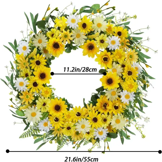 22" Daisy and Sunflower Wreath &ndash; Yellow Summer Front Door Wreath, Farmhouse Wall Decor for Home, Porch, or Outdoor Use {2}