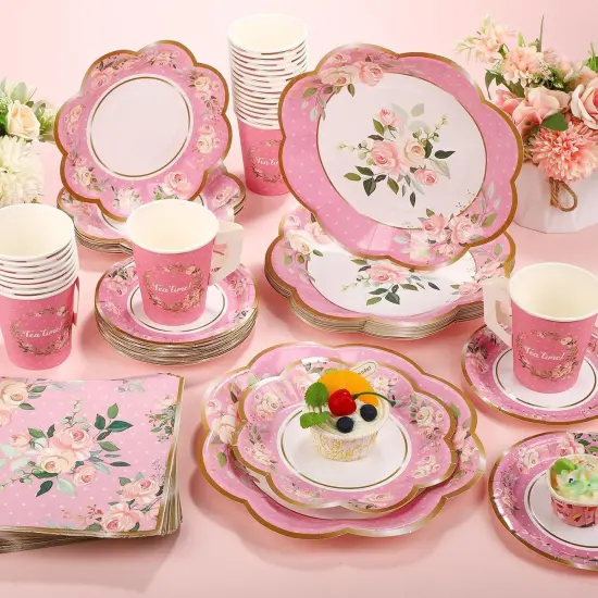 136Pcs Floral Tableware set Tea Party Supplies for 25 Floral Tea Cups with Handle 9&rdquo; 7&rdquo; Floral Paper Plates Disposable Flower Cups and Saucers Sets for Garden Birthday Bridal Wedding,Pink {4}
