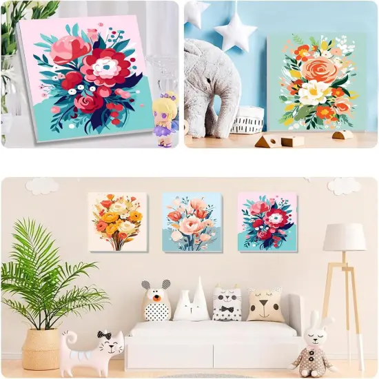 4 Pack Flower Paint by Number for Kids with Wooden Frame-Paint by Numbers for Kids Flowers Ages 4-8-12,Easy Paint with Numbers DIY Acrylic Oil Painting Kits for Home Wall Decor(8X8inch) {5}