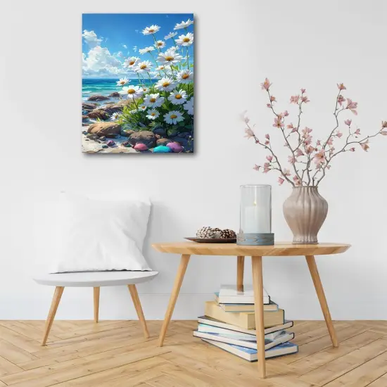 Beach Landscape Paint by Numbers, Daisy Flowers on The Beach Paint by Numbers Kit for Adults, Beach Rock DIY Canvas Oil Painting Paint by Number for Beginners Enthusiasts 16x20inch Frameless {2}