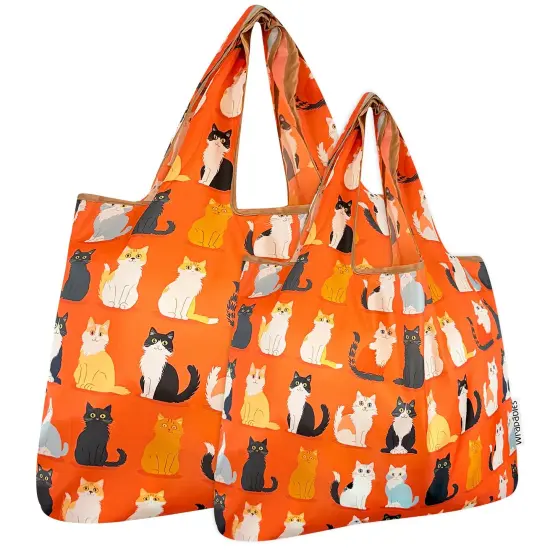 Wrapables Large & Small Foldable Tote Nylon Reusable Grocery Bags, Set of 2, Orange Kitties {1}