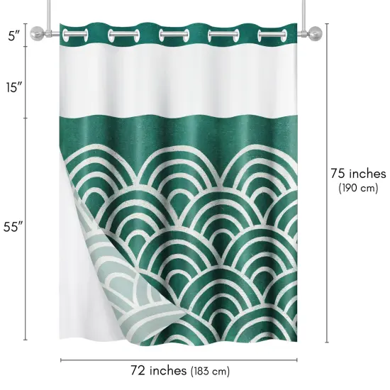 Americanflat 72x75 Hookless Shower Curtain - Abstract Green White Shower Curtain with Sheer Panel, Snap-In Liner, and Grommets - 100% Polyester {2}