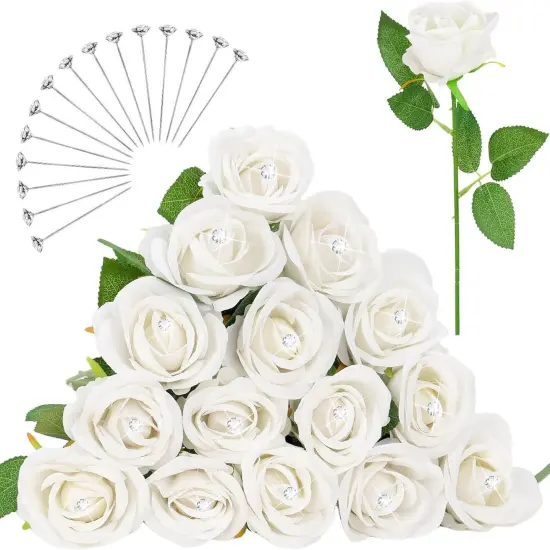 5PCS White Rose Artificial Flowers with 15PCS Diamond Pins for Bouquets {1}