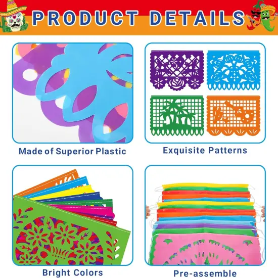 36 FT Cinco De Mayo Decorations, 2 Pack Mexican Party Banner, Plastic Fiesta Banner Colorful Papel Picado Hanging Banner String Flags Mexican Theme Party Dia De Los Muertos Day of the Dead Decor {3}