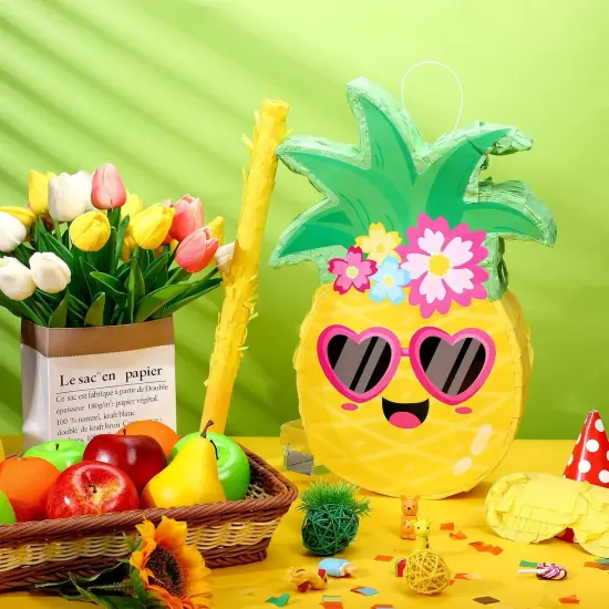 Small Pineapple Pi&ntilde;ata Summer Fruit Pi&ntilde;ata with Blindfold Bat for Hawaiian Tropical Luau Party Supplies {3}