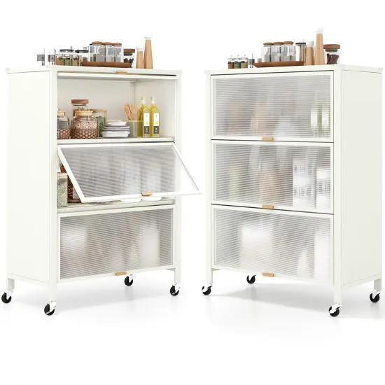 4-Tier White Metal Foldable Kitchen Bakers Rack with Flip Doors and 4 Universal Wheels {4}