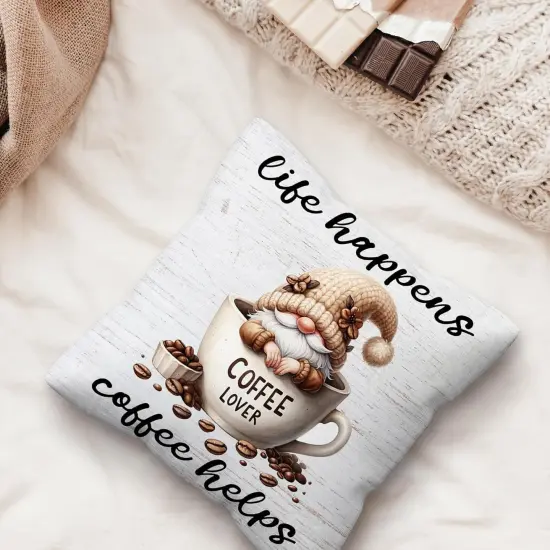 Coffee Gnomes Pillow Covers 18x18, Life Happens Coffee Helps Cute Sofa Decor Throw Pillow Covers for Kitchen Coffee Bar Coffee Station Office Room Decor, Gnome Sign Gnome Lovers Gifts {5}