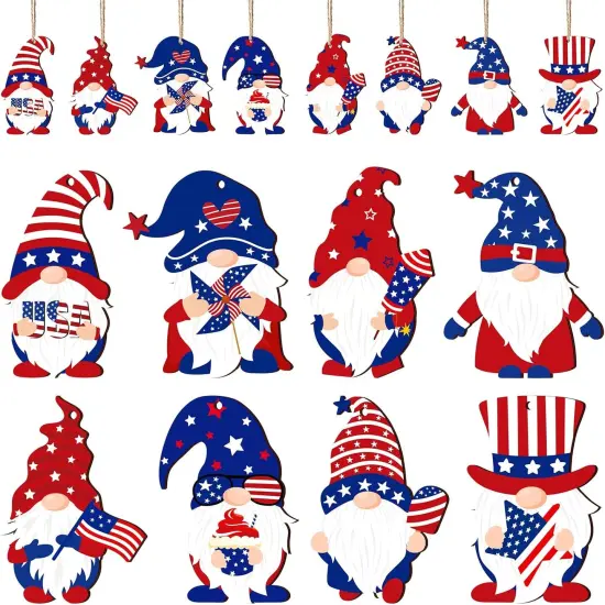 4th of July Gnome Ornaments Independence Day Hanging Decorations Patriotic Tree Decor Wooden Red White and Blue Wooden Gnome Hanging Decoration for Independence Memorial Day Party(24 Pieces) {1}