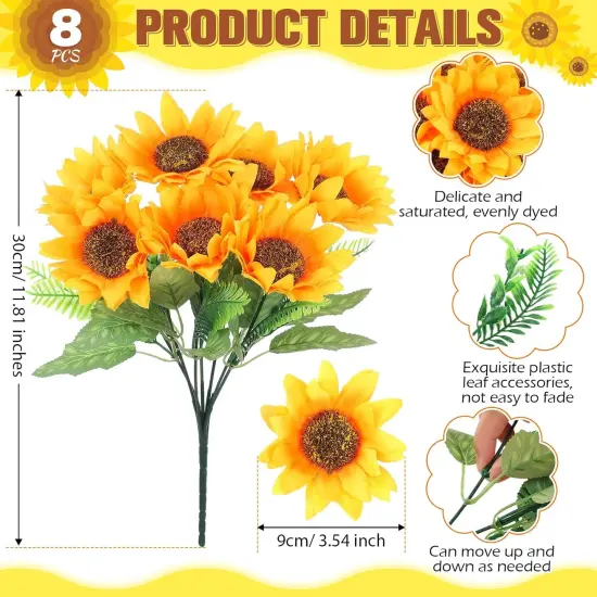 8 Pcs Fake Sunflower Bouquets, 11.8 in Artificial Sunflowers with Stems for Home, Kitchen, Table Centerpiece, DIY Decor {2}