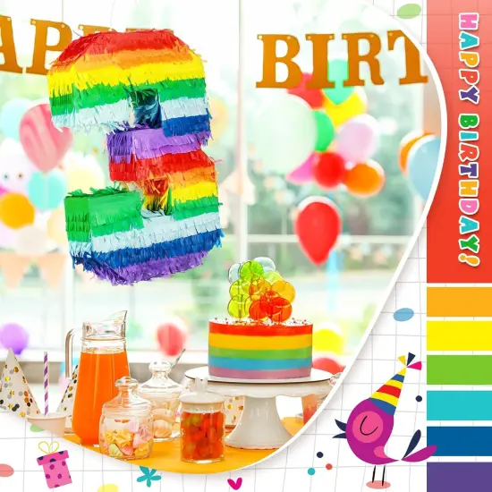Rainbow Number Pi&ntilde;ata Multicolor Number Pi&ntilde;ata Small Kids Birthday Party with Blindfold Stick and Confetti for Birthday Anniversary Cinco De Mayo Fiesta Party Decor(Number 3) {4}
