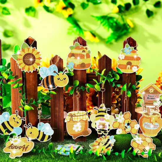 15 Pcs Bee DIY 5D Diamond Painting Keychain Spring Nature Full Drill Making Key Chains Key Ring Diamond Art Keychains Pendant DIY Diamond Accessories for Spring Summer Easter Decor {5}