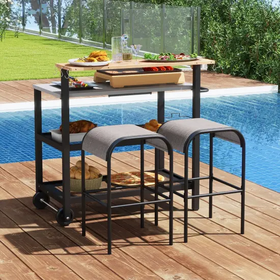 Black Flip-Up Rolling Bar Cart with Hooks and Metal Frame Perfect for Indoor or Outdoor Use {2}