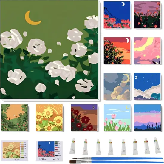 12 Sets Paint by Numbers with Frame for Adult Beginners Canvas, DIY Acrylic Paint by Number Canvas for Painting Party, Classroom Activity Birthday Gift, 8 x 8 Inch {1}