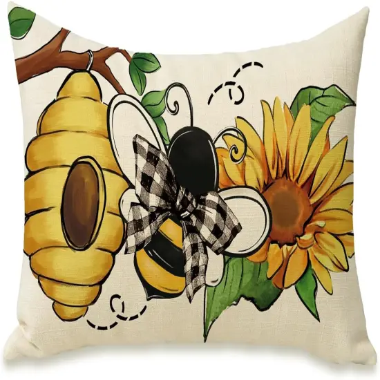 Honeycomb Sunflower Flower Porch Patio Outdoor Pillowcase, Beehive Floral Bow Sofa Cushion Case Home Decor {1}