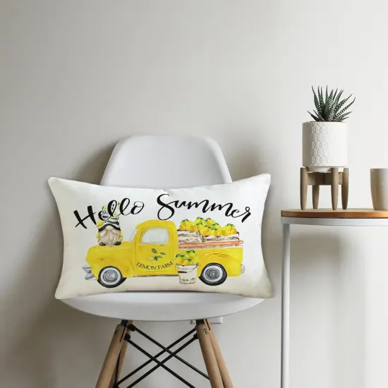 Hello Summer Throw Pillow Cover 12x20 Inch Yellow Truck Lemon Gnome Decorative Pillowcase Farmhouse Seasonal Lumbar Cushion Case for Sofa Couch Porch Home Decor {5}