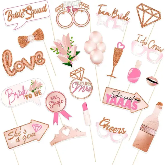 Bridal Shower Photo Booth Props Kit(21 Count), Rose Gold Wedding Hen Party Funny Selfie Props, Bride to Be Night Party Photo Props Decoration Accessories, with Bamboo Sticks& Stickers {1}