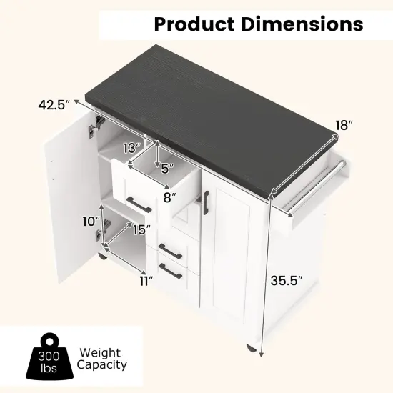 White Engineered Wood Kitchen Island Cart with Drawers and Towel Rack {5}