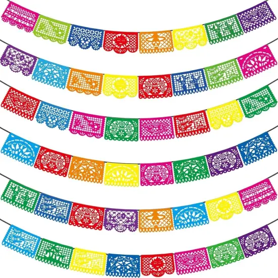 6PCS Mexican Party Banners, Cinco De Mayo Decoration Fiesta Party Decoration, Mexican Themed Party Decor 5 De Mayo Banner Plastic Papel Picado, Mexico Birthday Party Supplies -12 Patterns/90FT {1}