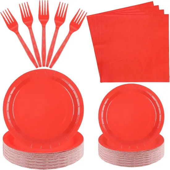 100 Count Red Paper Plates and Napkins Red Party Tableware Set Red Disposable Plates Napkins and Forks for Wedding Birthday Party Bridal Shower Baby Shower, Serve 25 {1}