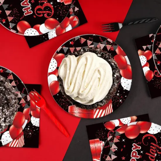 40pcs Red and black birthday Party Supplies,include 20 dessert plate, 20 Napkin,Used for Red and black birthday Party Decoration (Red Black) {5}