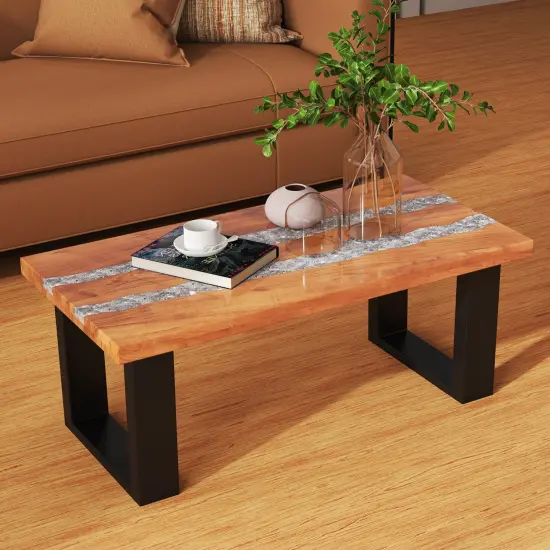 Natural Teak Wood Coffee Table with River-Like HDPE Inlay {5}