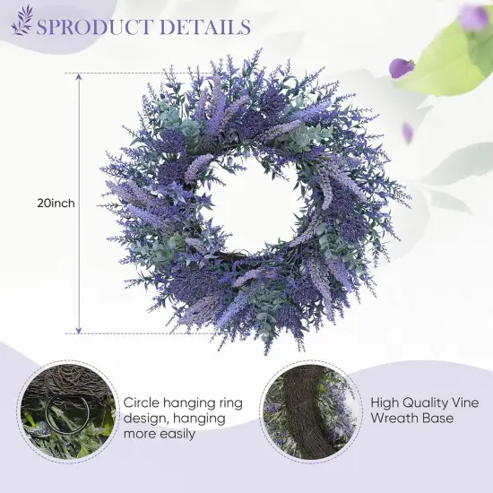 20 Inch Lavender Wreath Artificial Purple Spring Floral Decor {2}