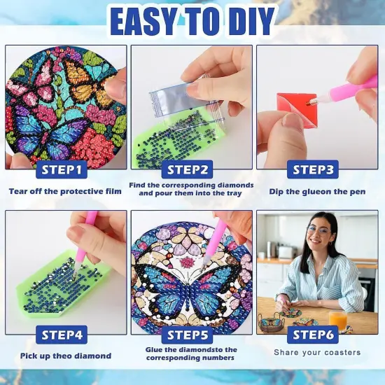 Diamond Painting Coasters Kits with Holder, DIY Butterfly Diamond Art Coaster Non Slip Coaster for Tabletop Protection 4x4 Inch {3}