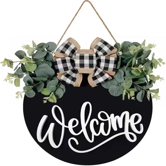 Welcome Sign for Front Door &ndash; Round Wooden Farmhouse Wreath Porch Decor, 30cm Hanging Wall Sign for Indoor and Outdoor Home Decor (Black) {1}
