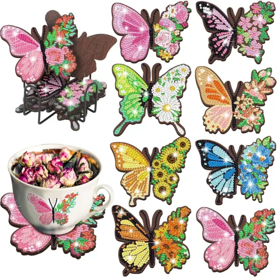 Diamond Painting Coasters Kit with Holder Diamond Art for DIY Beginners Adults Kids Craft Supplies Gift Drinks(Butterfly) {1}