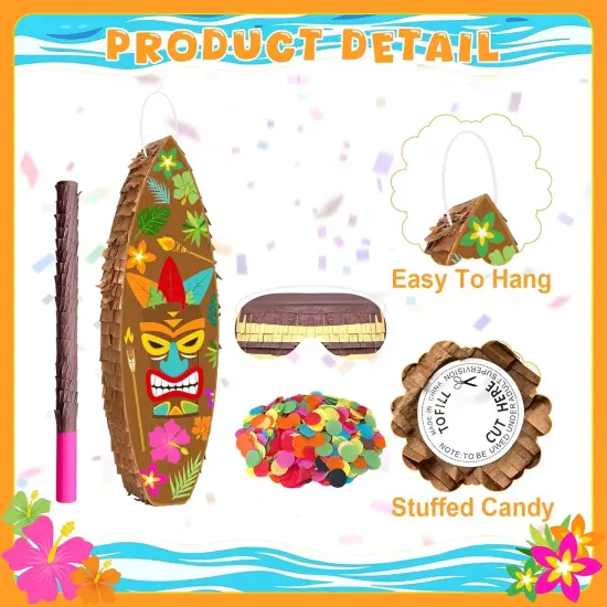 Tiki Pi&ntilde;ata Surfboard Pinata Tropical Pinatas Hawaiian Luau Pinatas with Stick Blindfold Confetti {2}