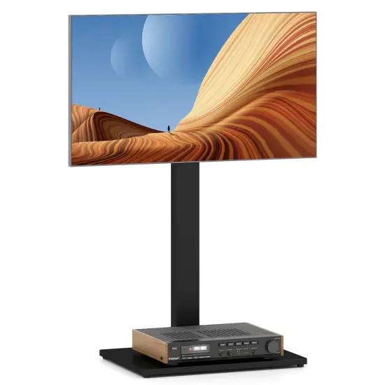 Black Metal TV Stand with Swivel Mount, Shelf and Adjustable Height {1}