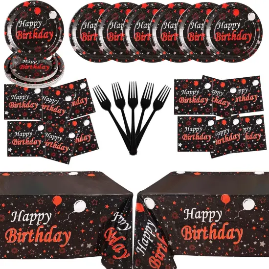 Red and Black Birthday Party Supplies, Happy Birthday Plates and Napkins Set With Birthday Tablecloth, Red and Black Birthday Decorations Serve 25 Guests {1}