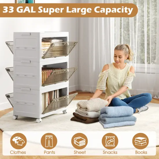 White PP HIPS 3-Tier Storage Bins and Quick Fold Stackable with Casters {5}